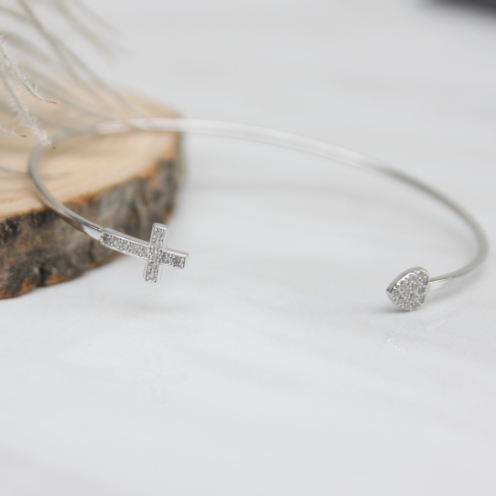 Sterling Silver Heart n Cross CZ Bangle Bracelet